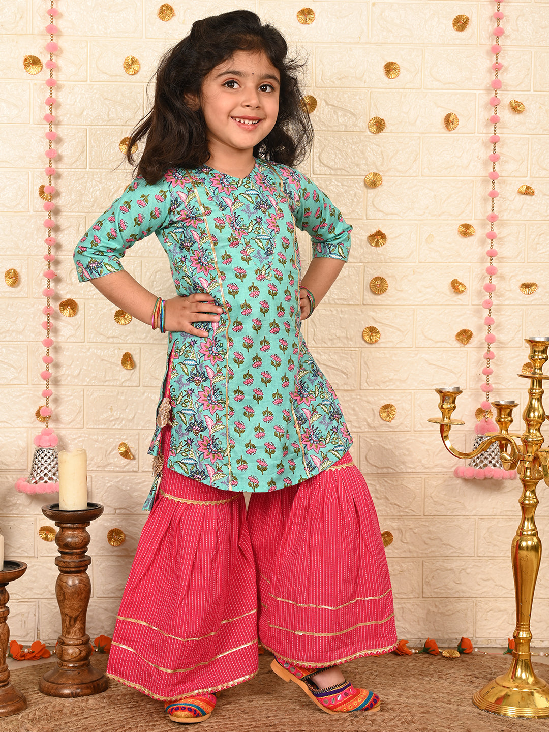 Blue floral Kurt with pink sharara