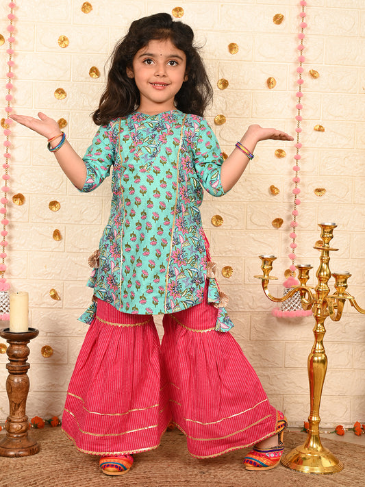 Blue floral Kurt with pink sharara