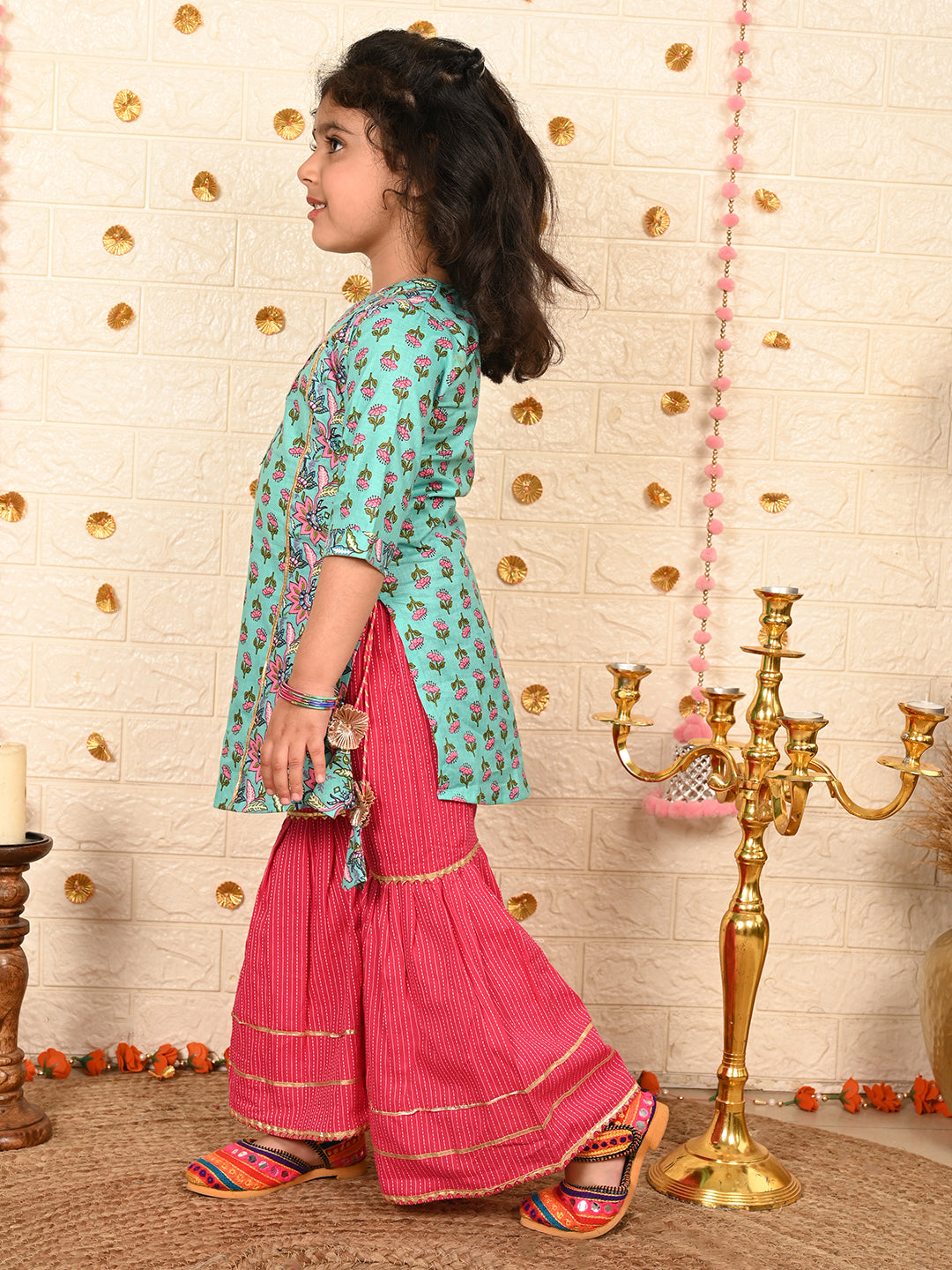 Blue floral Kurt with pink sharara