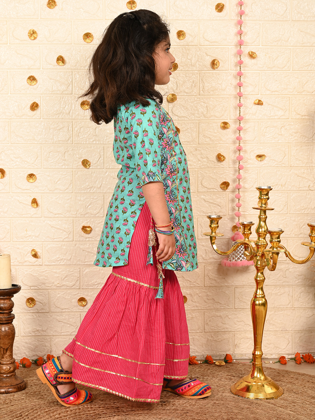 Blue floral Kurt with pink sharara