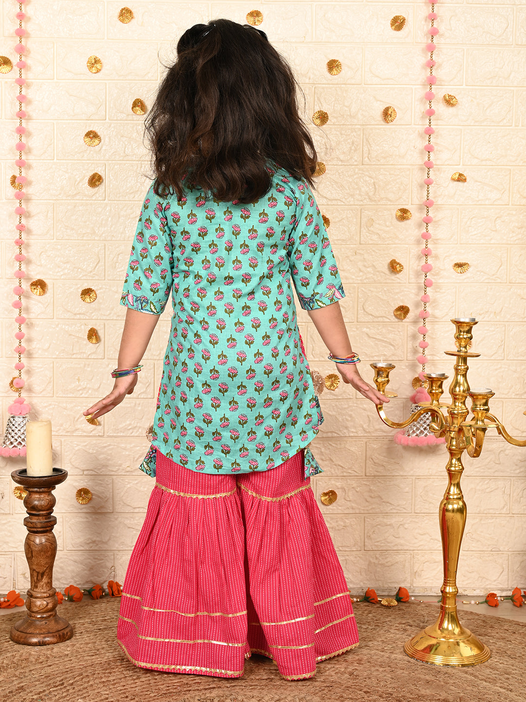Blue floral Kurt with pink sharara