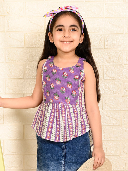 Purple Cotton Printed sleeveless Top