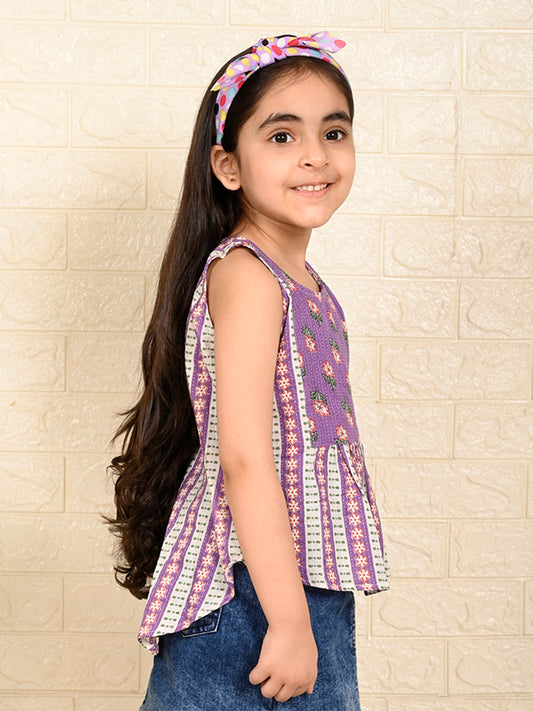 Purple Cotton Printed sleeveless Top
