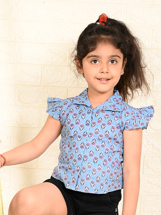 Blue Cotton Floral Printed top