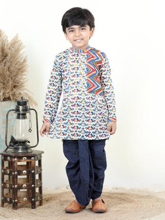 All Over Horse Printed Kurta with a zig-zag patch Kurta Dhoti