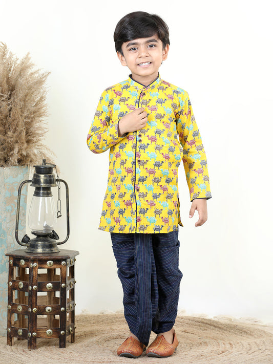 Yellow Camel Printed Style Kurta Dhoti