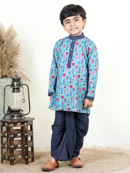 Blue All Over Fish Printed Kurta and katha Dhoti
