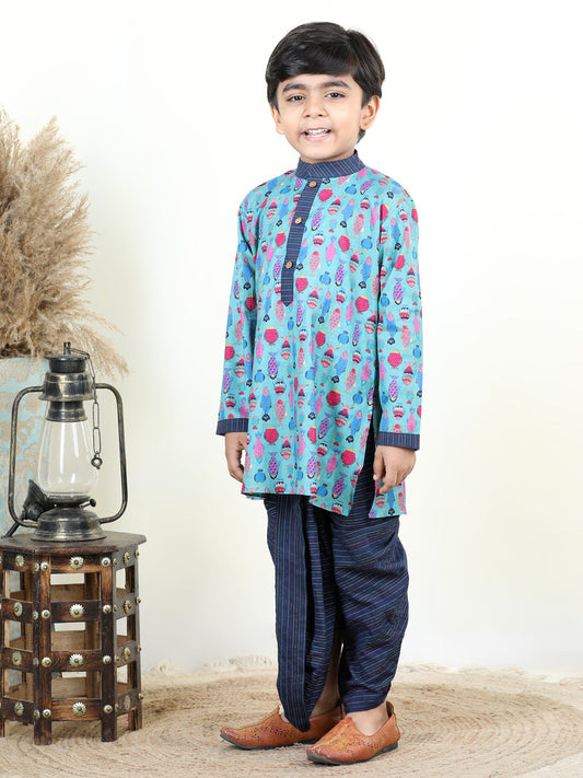 Blue All Over Fish Printed Kurta and katha Dhoti