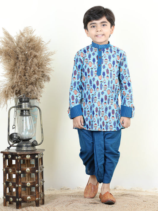 Blue All Over Fish Printed Kurta with Lurex dhoti