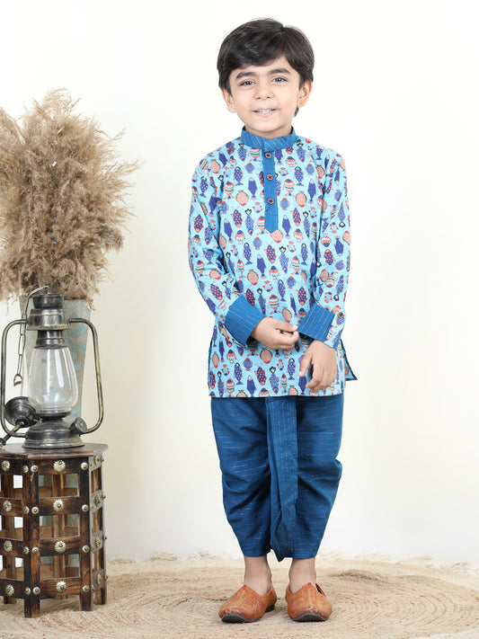 Blue All Over Fish Printed Kurta with Lurex dhoti