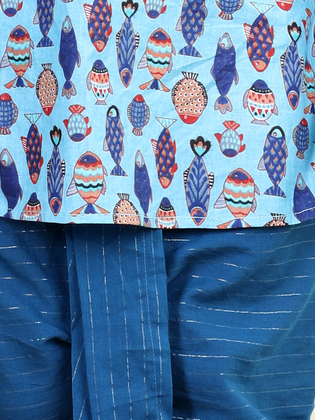 Blue All Over Fish Printed Kurta with Lurex dhoti