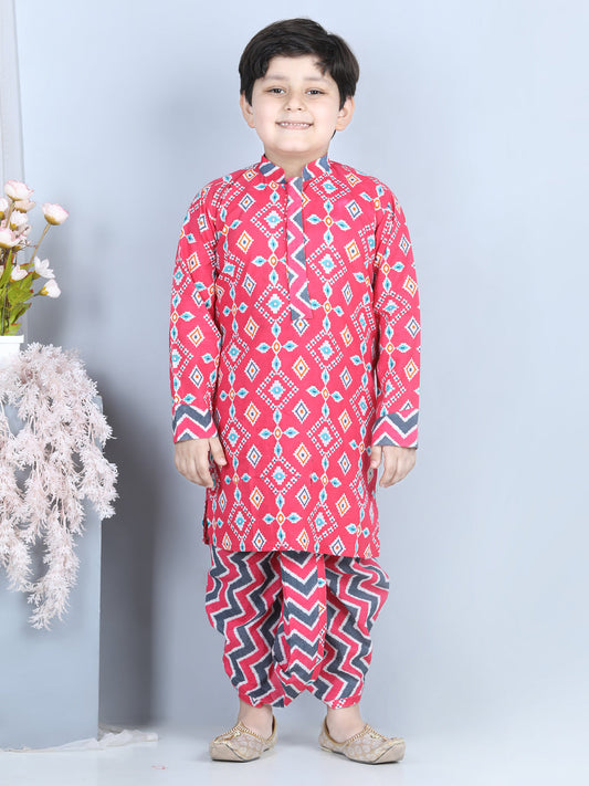 Red Patola Printed Kurta With Chevron Printed Dhoti