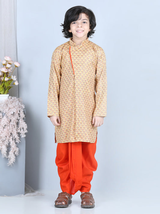 Orange Floral Printed Kurta With Solid Dhoti
