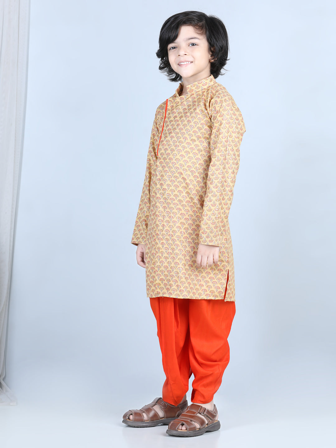 Orange Floral Printed Kurta With Solid Dhoti