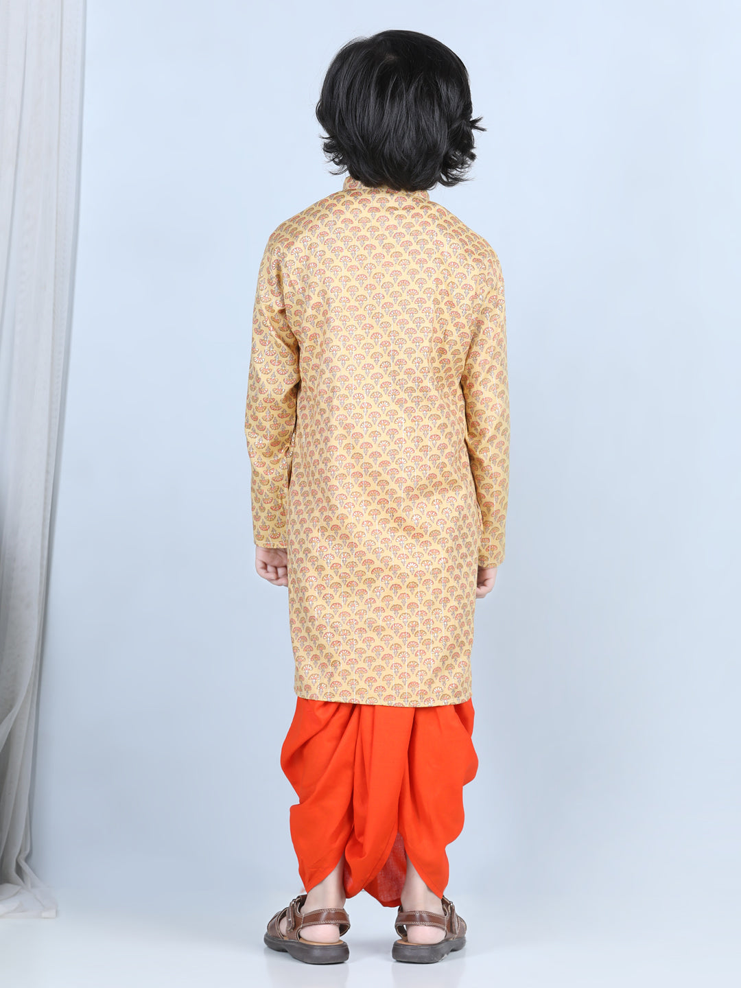 Orange Floral Printed Kurta With Solid Dhoti
