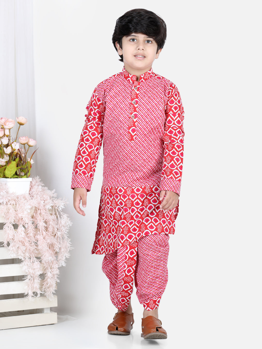 Red Floral and Leheriya Kurta Dhoti
