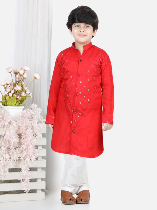 Red Sequin Embellished Curved Hem Kurta Set