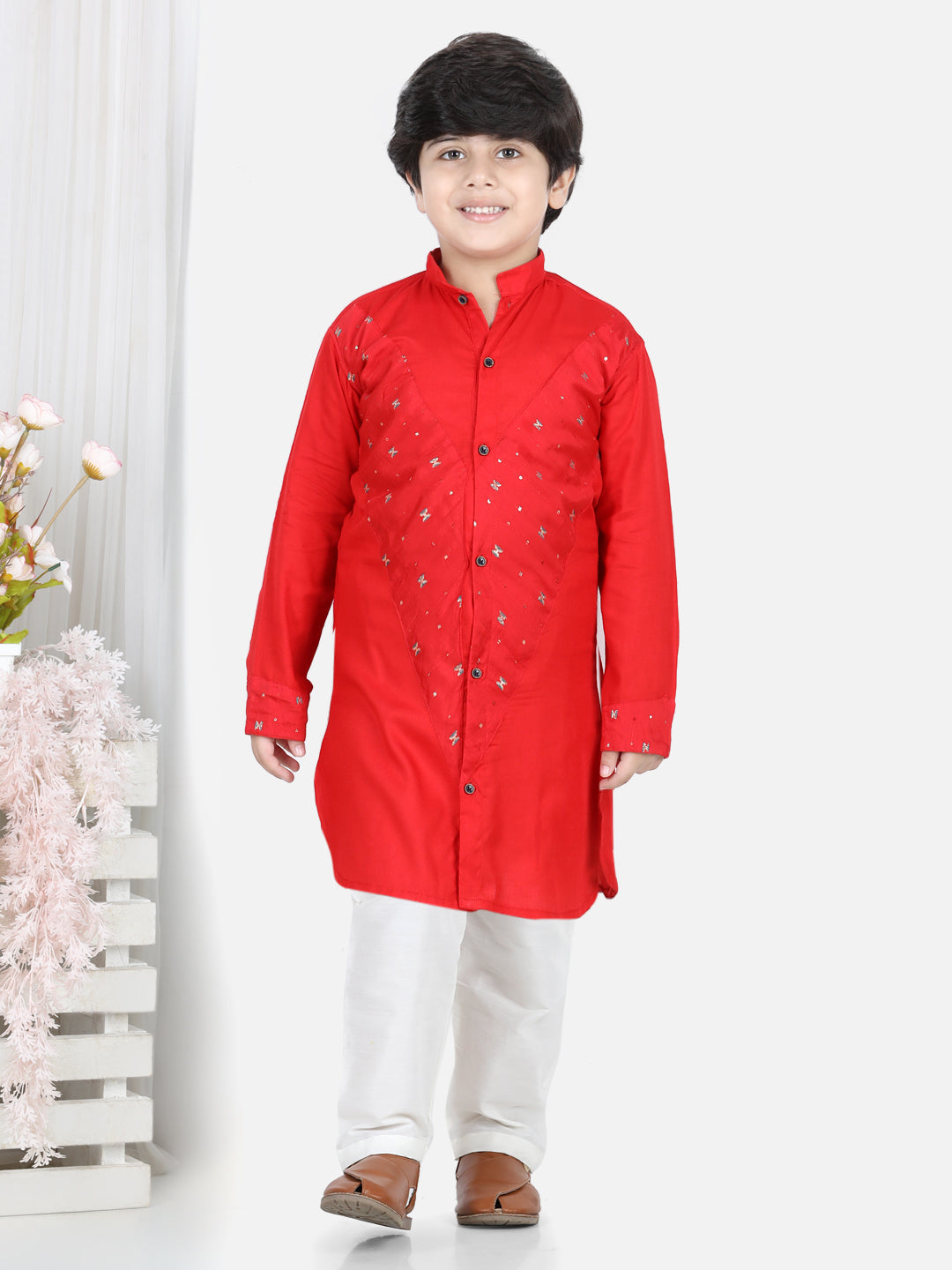 Red Sequin Embellished Curved Hem Kurta Set