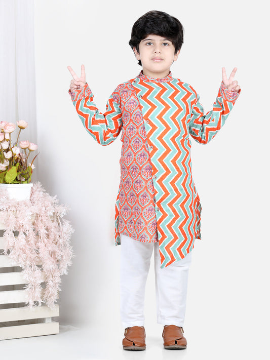 Orange Floral & Chevron Detailed Kurta Set