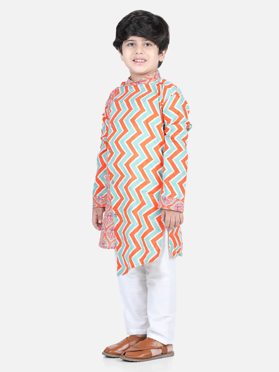 Orange Floral & Chevron Detailed Kurta Set