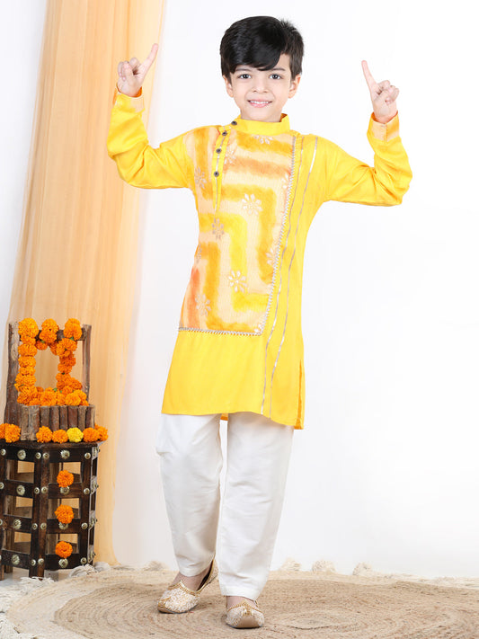 Yellow Floral Foil Lace Work Kurta Set