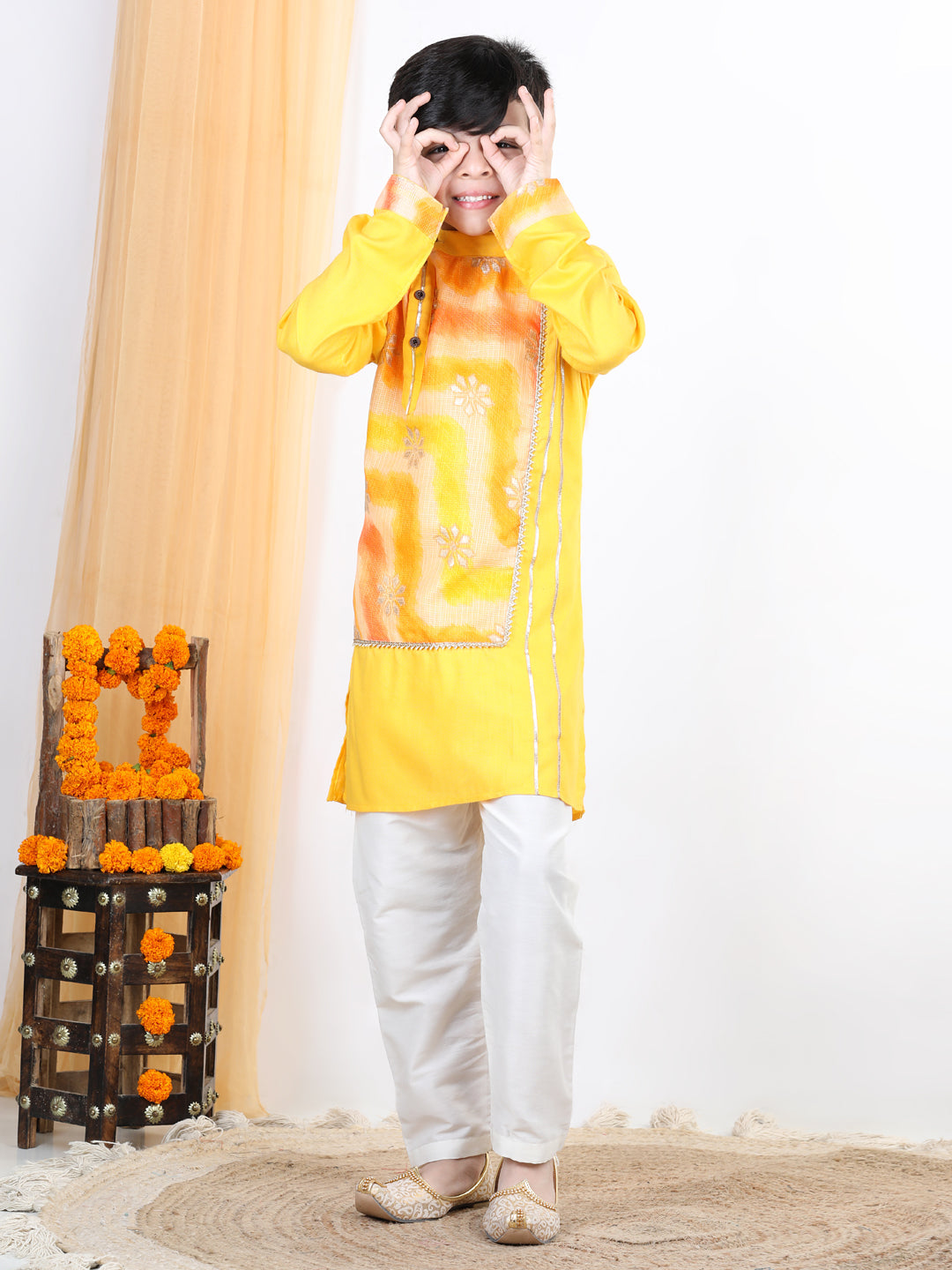 Yellow Floral Foil Lace Work Kurta Set