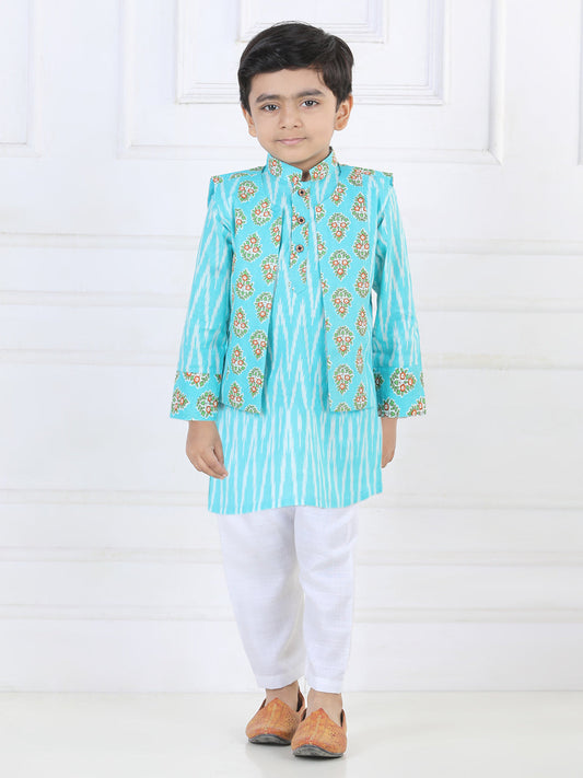 Blue Ikkat Kurta with Floral printed Jacket Set