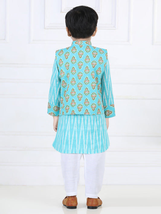Blue Ikkat Kurta with Floral printed Jacket Set
