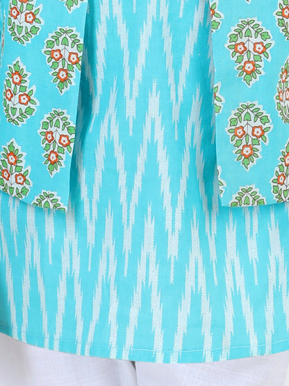 Blue Ikkat Kurta with Floral printed Jacket Set