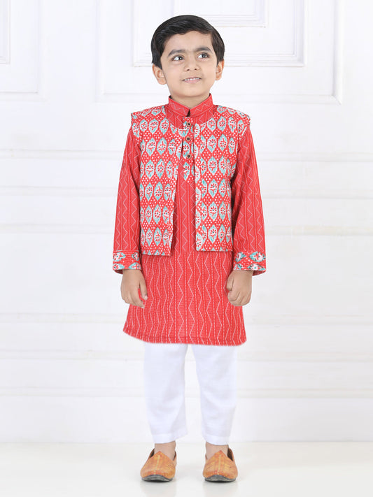 Red Katha Kurta with Floral printed Jacket Set