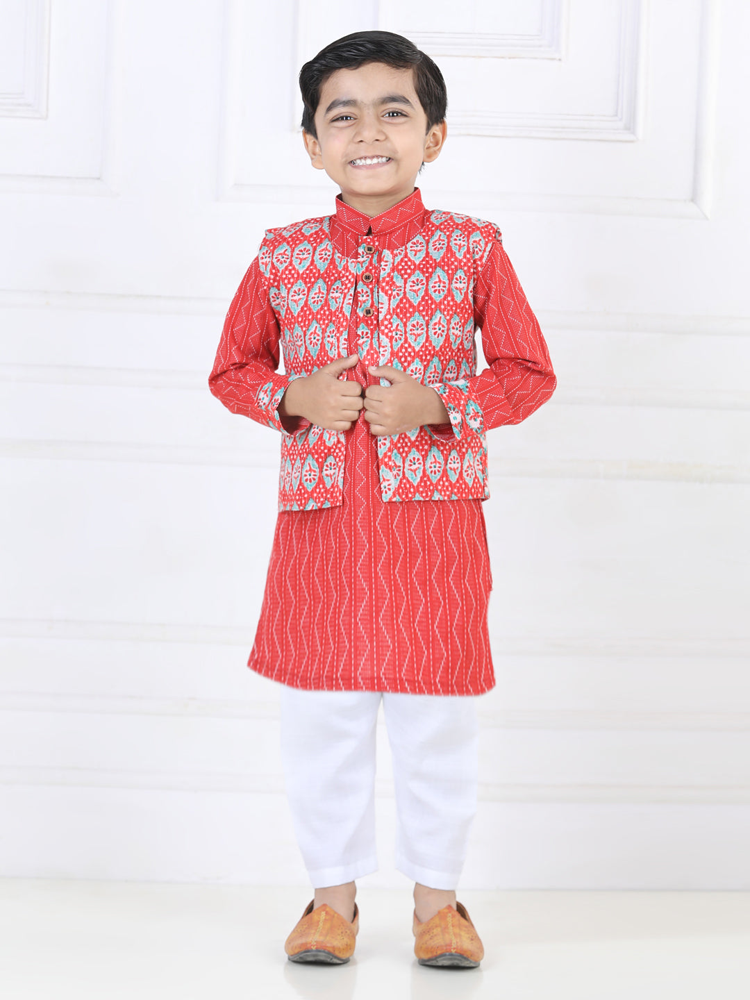 Red Katha Kurta with Floral printed Jacket Set