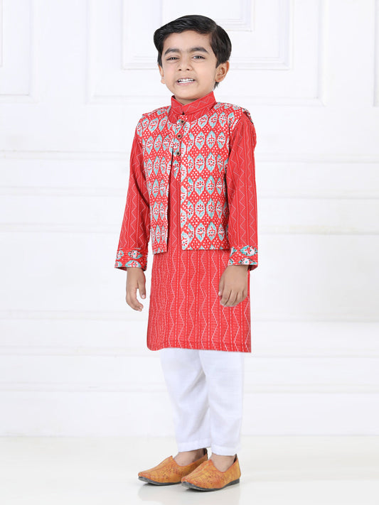 Red Katha Kurta with Floral printed Jacket Set