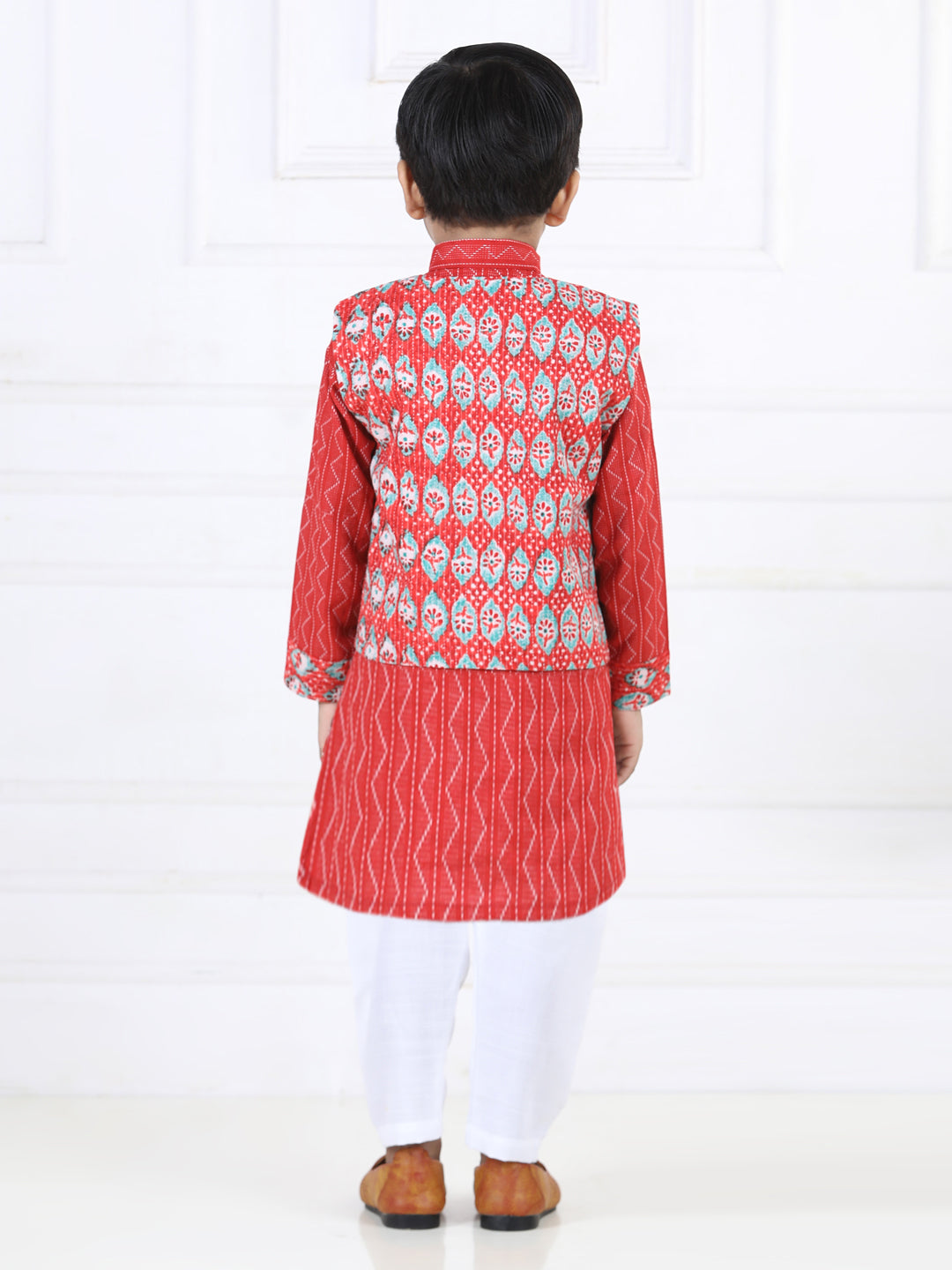 Red Katha Kurta with Floral printed Jacket Set