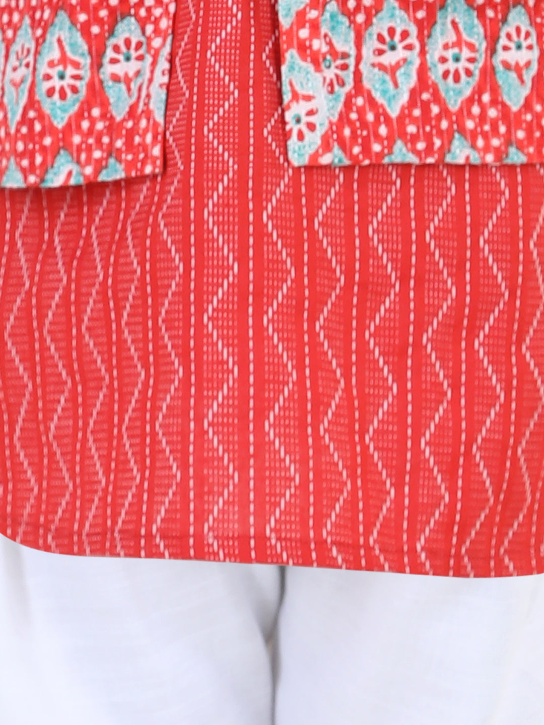 Red Katha Kurta with Floral printed Jacket Set