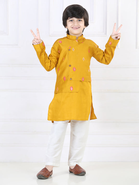 Yellow Kurta with Embroidered attached Jacket Set