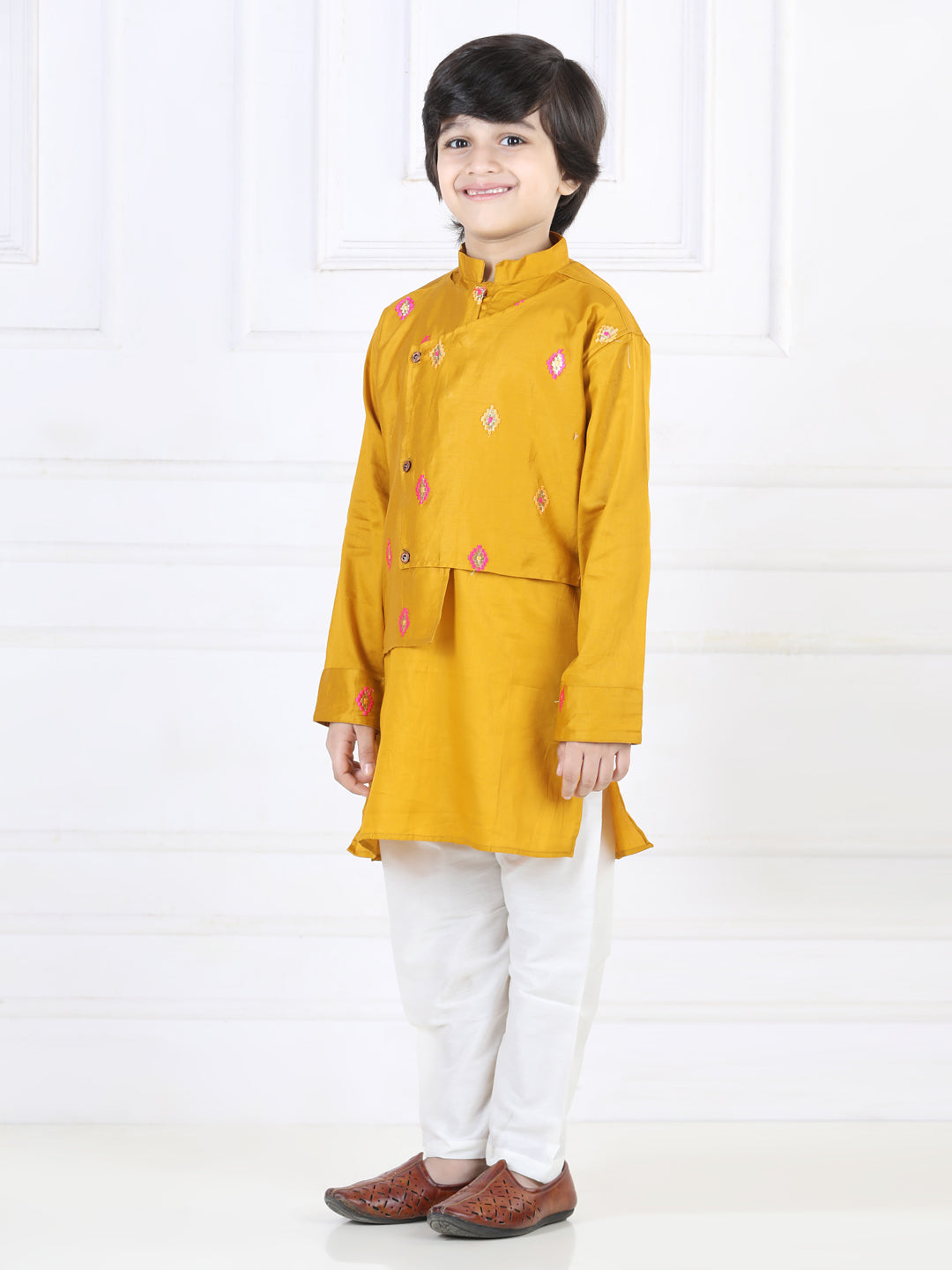 Yellow Kurta with Embroidered attached Jacket Set