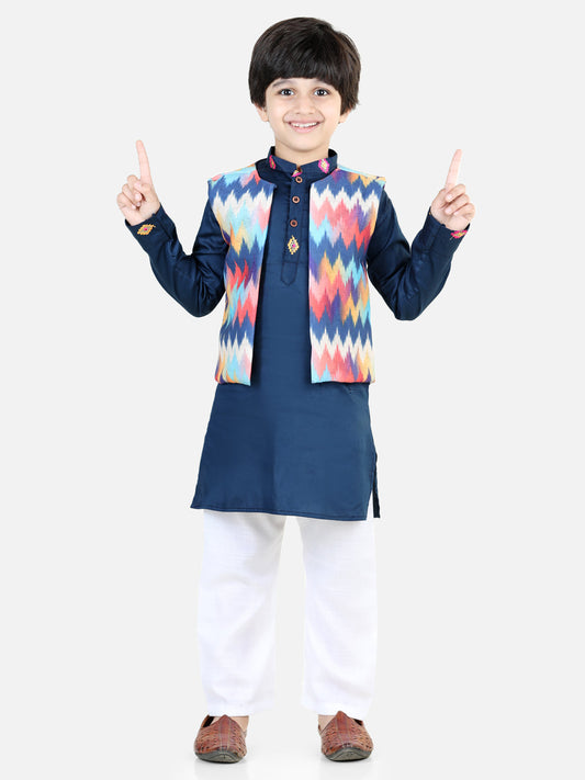 Blue Kurta with zig zag pattern jaquard Jacket Set