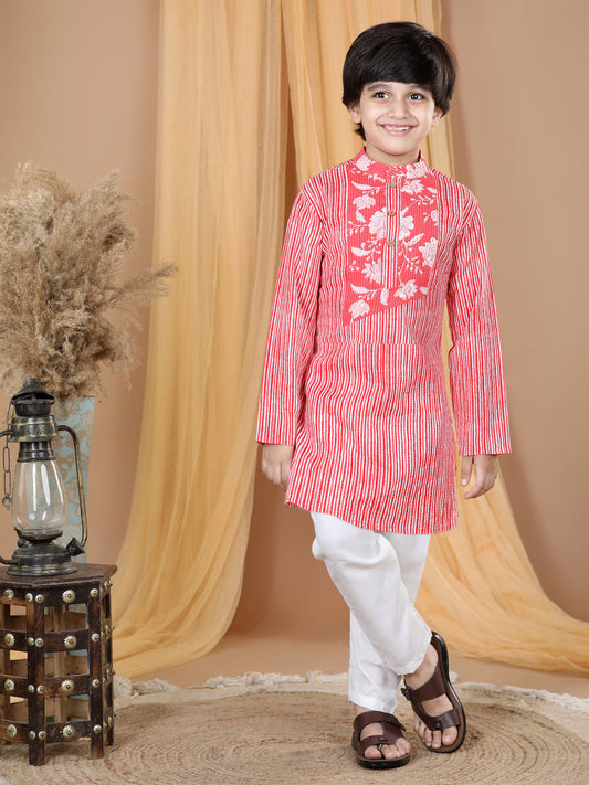 Red Striped Kurta with Floral Patch Kurta Set