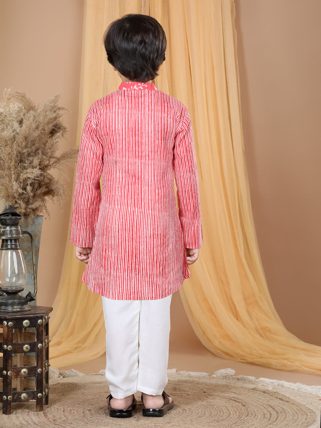 Red Striped Kurta with Floral Patch Kurta Set