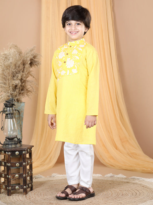 Yellow Striped Kurta with Floral Patch Kurta Set