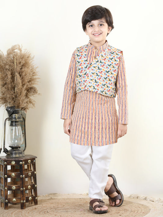 Striped Kurta with Horse Print Jacket Set
