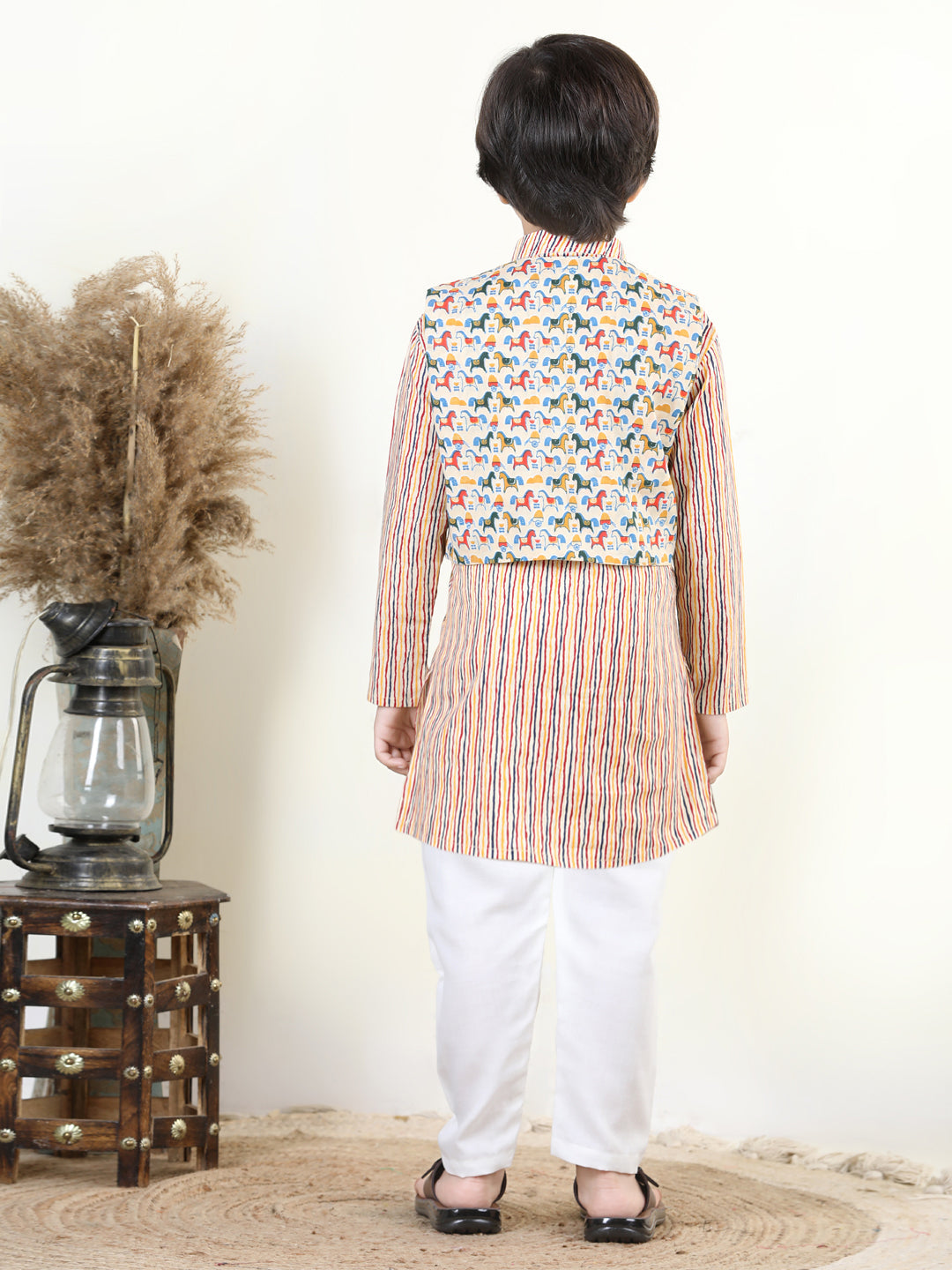 Striped Kurta with Horse Print Jacket Set