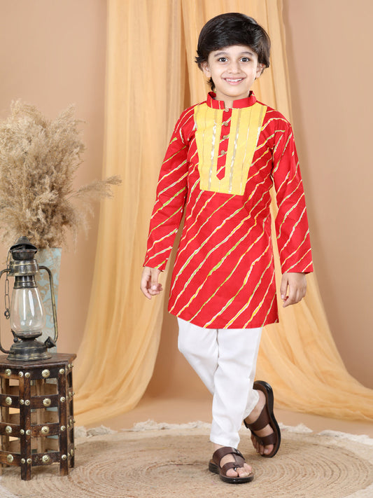 Red Leheriy with Patch detailing Kurta Set