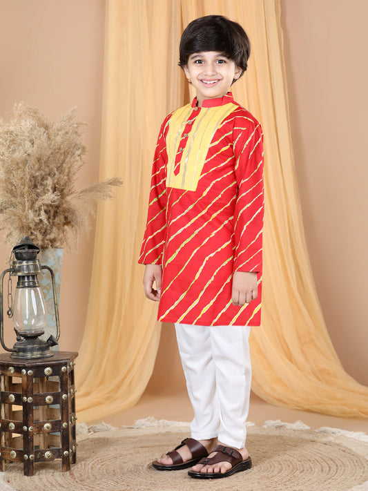 Red Leheriy with Patch detailing Kurta Set