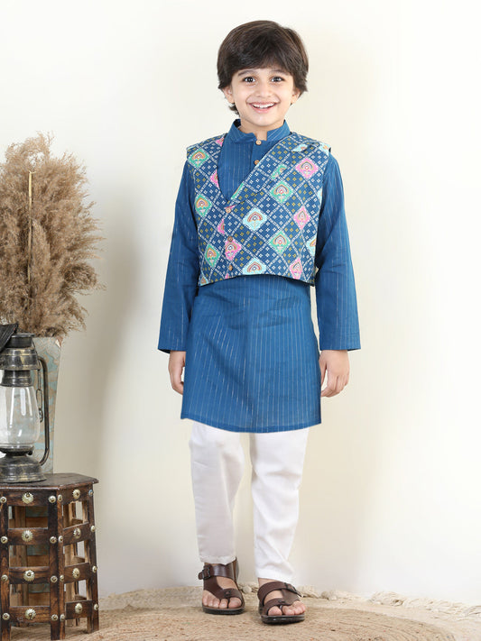 Blue Lurex Kurta with Floral Printed Jacket Set