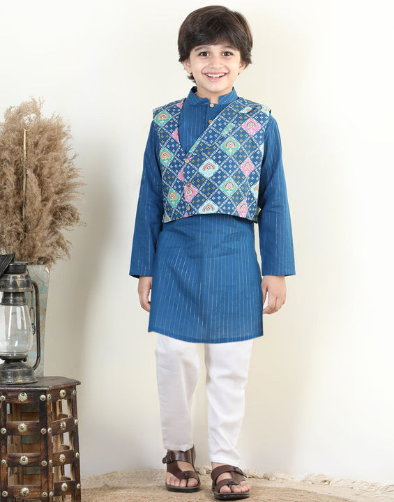Blue Lurex Kurta with Floral Printed Jacket Set