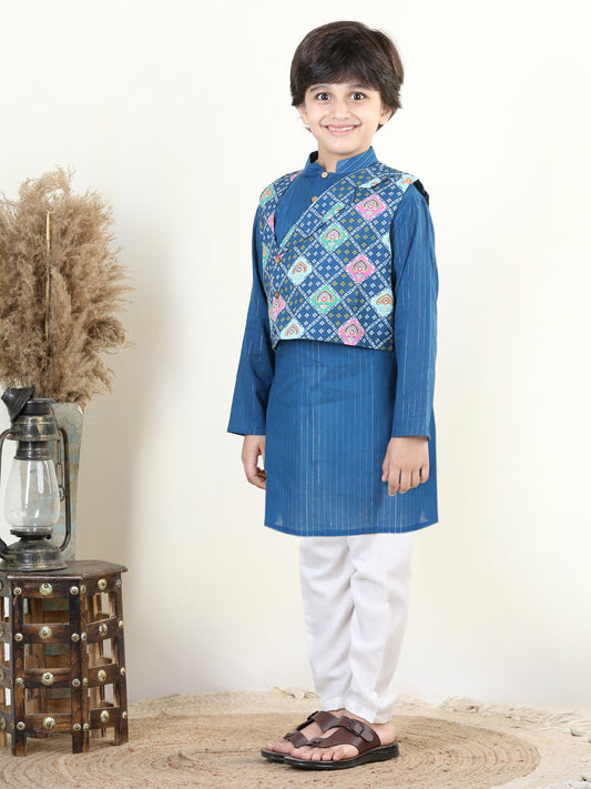 Blue Lurex Kurta with Floral Printed Jacket Set