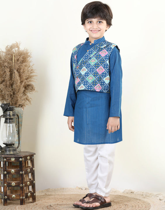 Blue Lurex Kurta with Floral Printed Jacket Set