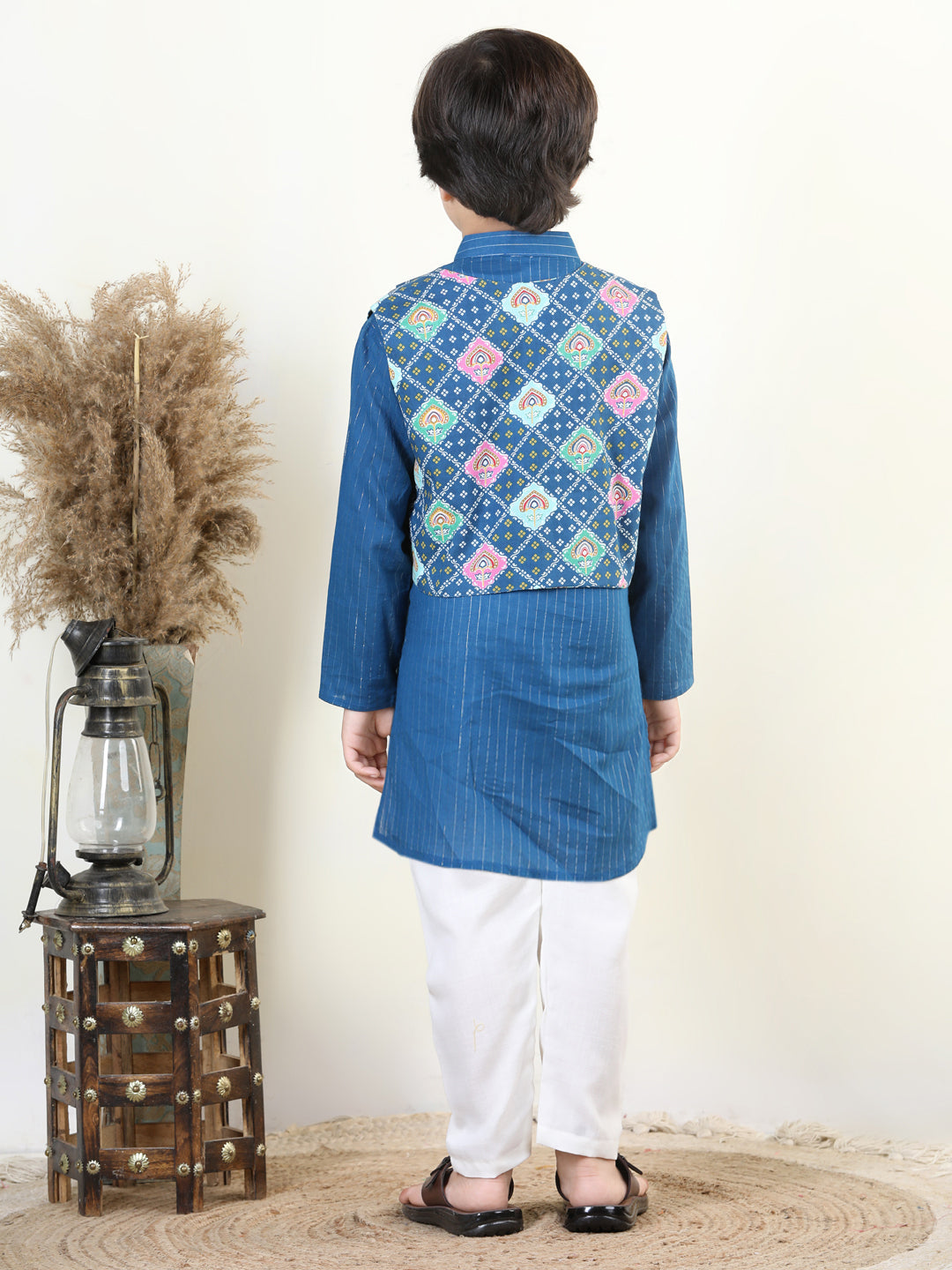 Blue Lurex Kurta with Floral Printed Jacket Set