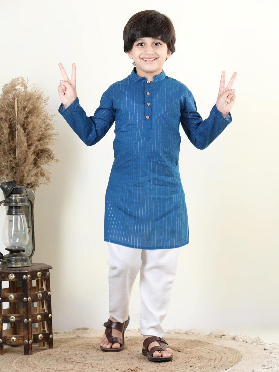 Blue Lurex Kurta with Floral Printed Jacket Set